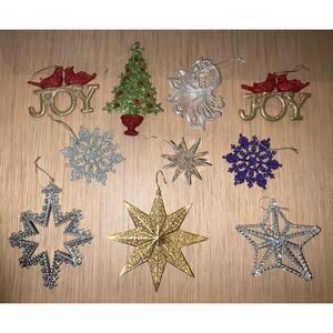 Assorted Multicolor Plastic Snowflake Ornaments Joy and Joy w/ Cardinals Lot  10